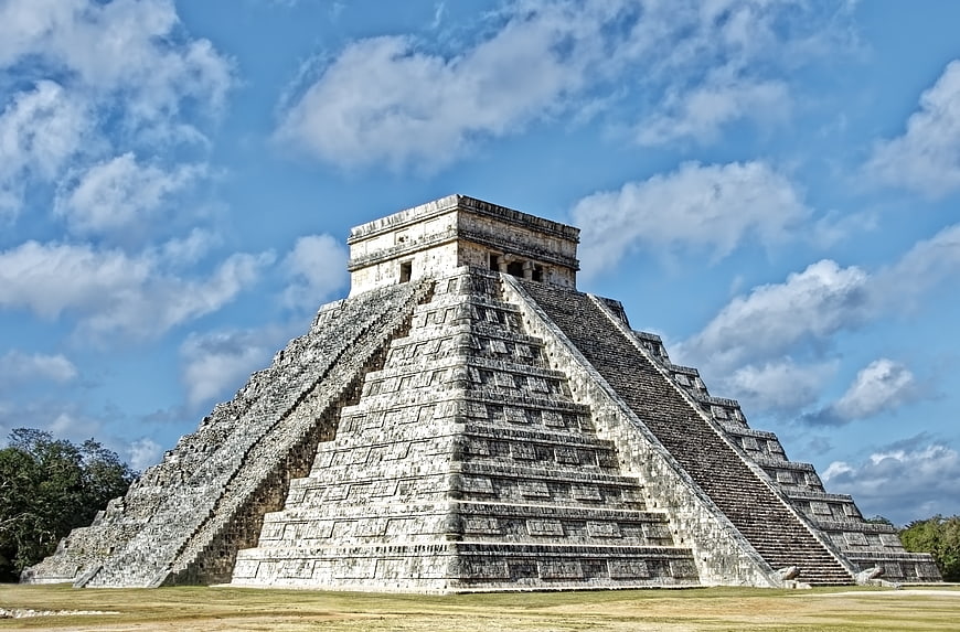 El Castillo Pyramid at Chichen Itza, Mexico, Under Blue Sky