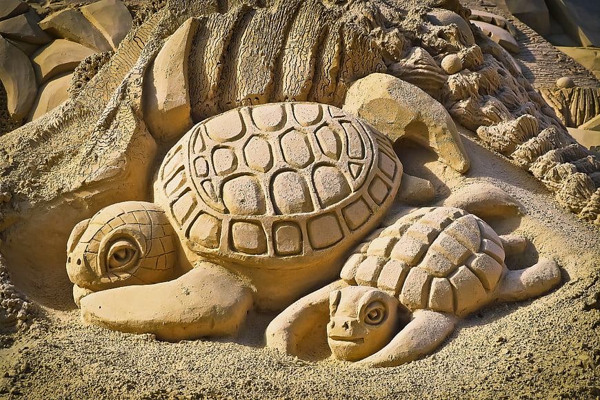 Detailed sand sculpture of mother and baby sea turtles