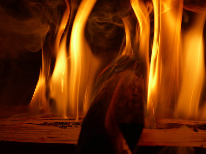 Close-up of burning wood logs with bright orange flames