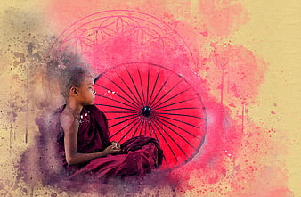 Young monk meditating with red umbrella and spiritual symbols