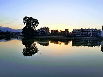 Kamal Pokhari Pond Reflection at Sunset in Bhaktapur Nepal