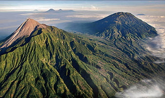 Aerial View of Mount Merapi and Mount Merbabu Volcanoes in Indonesia