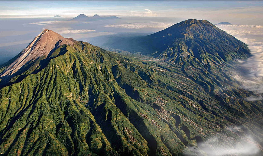 Aerial View of Mount Merapi and Mount Merbabu Volcanoes in Indonesia