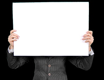 Businesswoman Holding Blank White Sign Board Against Black Background