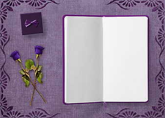 Purple Notebook with Roses and Gift Box on Floral Background