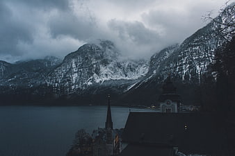 Moody Winter Landscape of Hallstatt Lake and Mountains