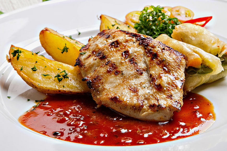 Grilled Chicken Breast with Potatoes and Spring Rolls