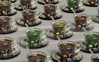 3D render of glass tea cups with brown and green liquid