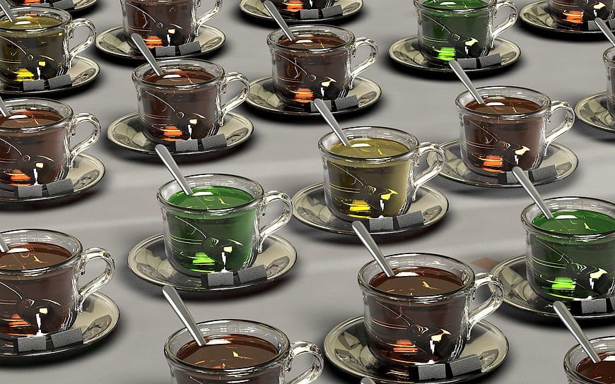 3D render of glass tea cups with brown and green liquid
