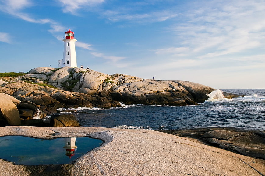 White Lighthouse on Rocky Coast with Tide Pool Reflection