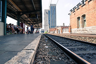Low angle view of train tracks at a European railway station
