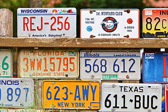 Collection of vintage American license plates mounted on a wooden fence