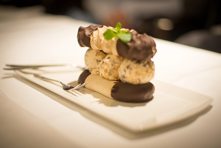 Chocolate Dipped Eclairs with Ice Cream on White Plate