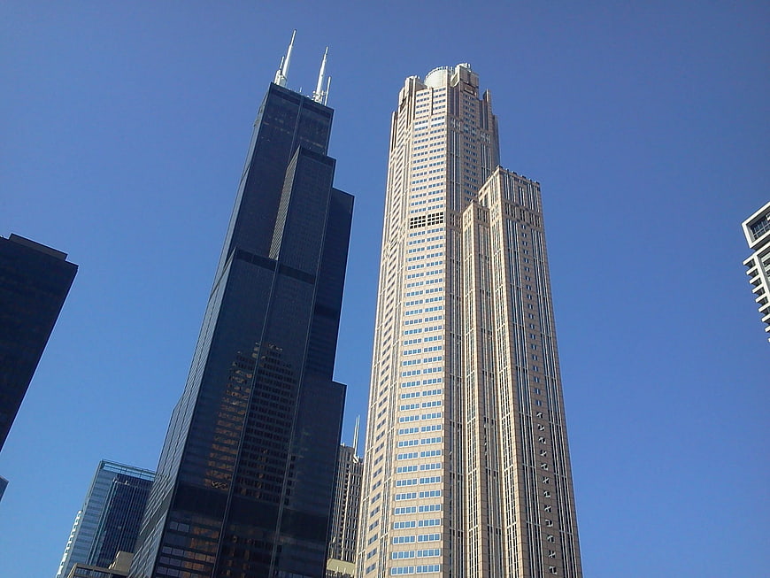 Low angle view of Chicago skyscrapers against blue sky