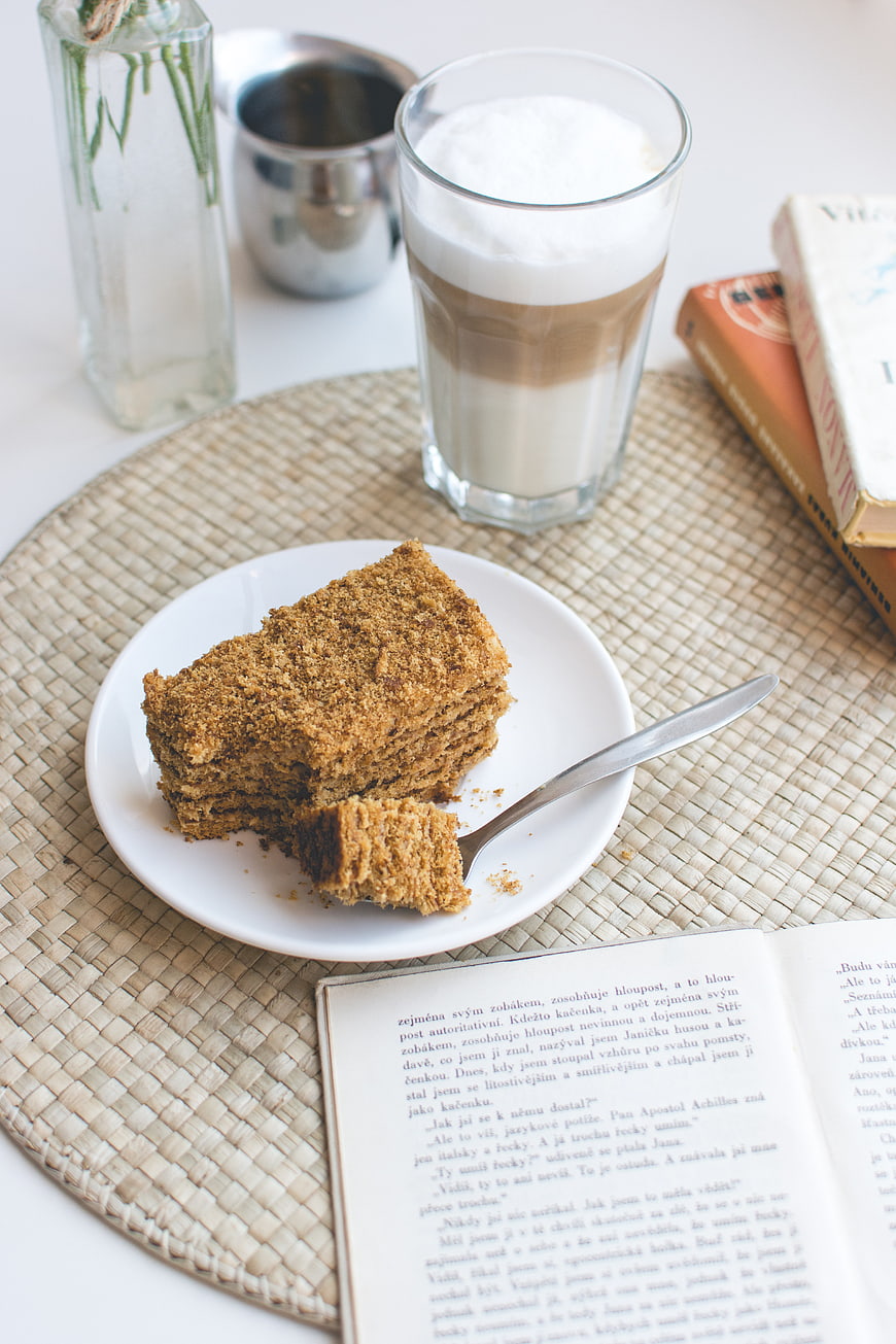Traditional Czech Honey Cake Slice with Caffe Latte