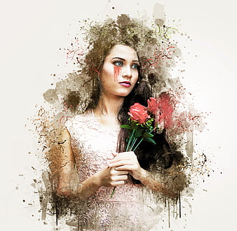 Surreal Portrait of Woman with Red Roses and Ink Splatters