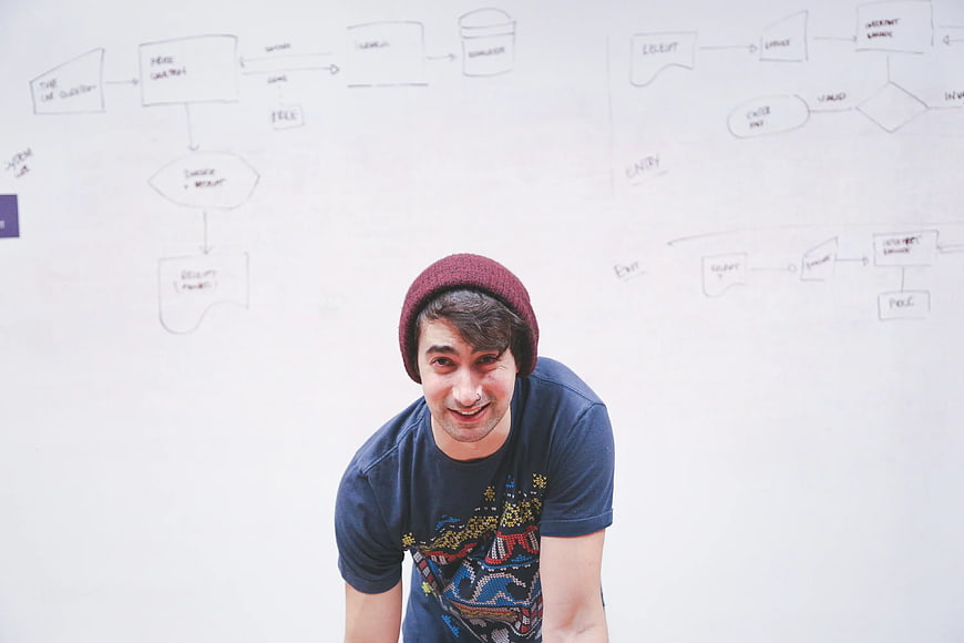Young man in red beanie smiling in front of whiteboard
