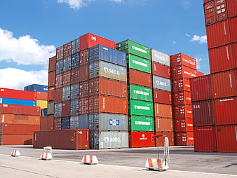 Stacked shipping containers at a cargo port terminal