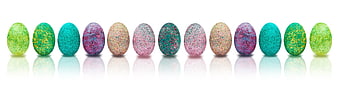 Colorful Glitter Easter Eggs in a Row on White Background