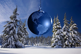 Blue Earth Christmas Ornament Hanging in Snowy Forest