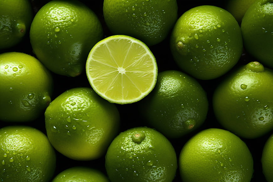 Fresh Green Limes with Water Droplets and One Sliced Lime