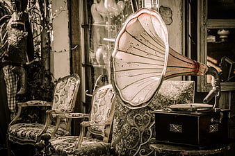 Vintage Gramophone in Antique Shop Interior