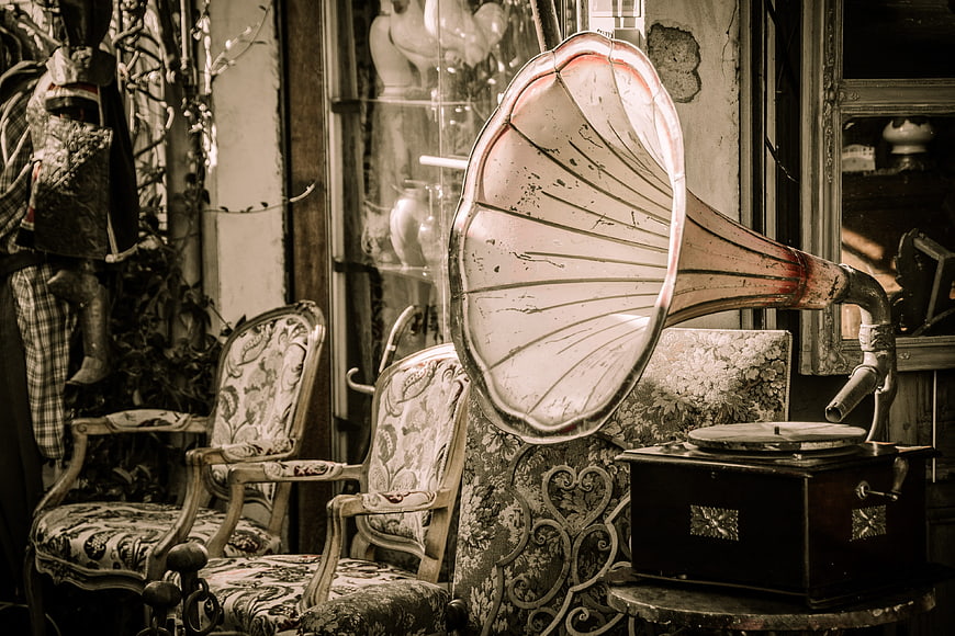 Vintage Gramophone in Antique Shop Interior