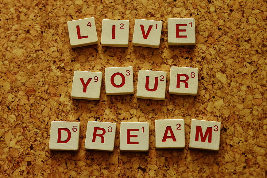 Live Your Dream Scrabble Tiles on Cork Board