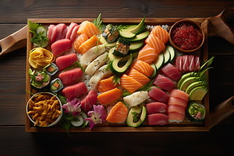 Overhead view of large sushi platter on wooden board