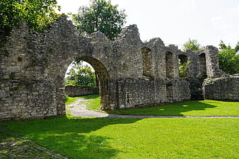 Stone Castle Ruins with Archway in Green Park