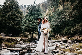 Boho Wedding Couple in Forest by River