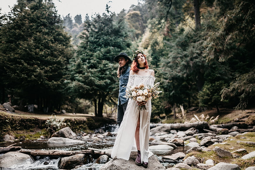 Boho Wedding Couple in Forest by River