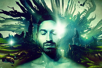 Surreal double exposure portrait of man with fantasy landscape