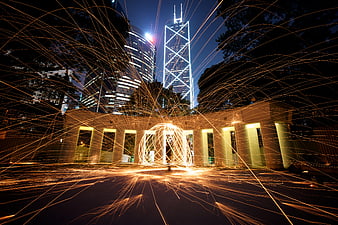Steel wool photography with Hong Kong skyline at night