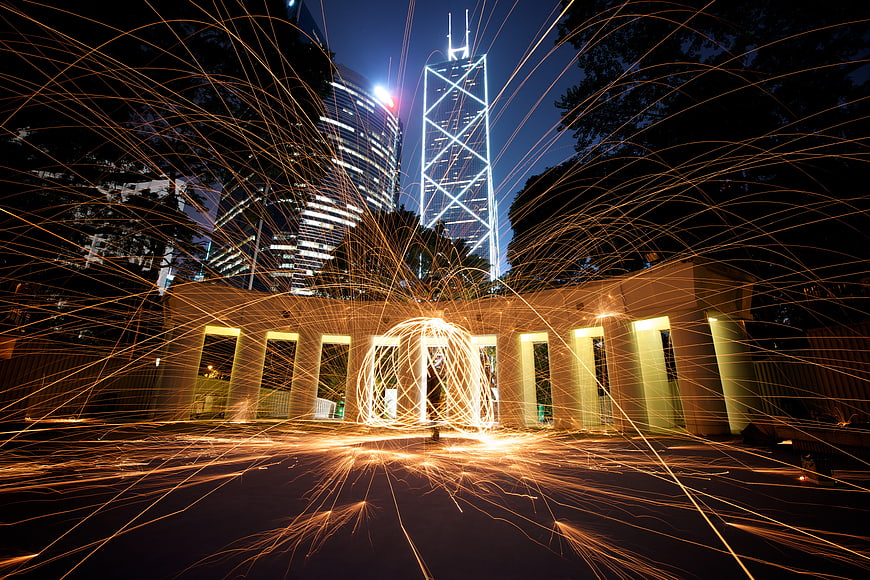 Steel wool photography with Hong Kong skyline at night
