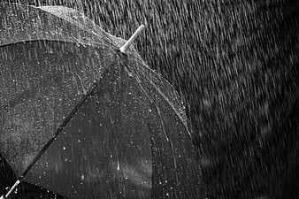Black and white close-up of an umbrella in heavy rain