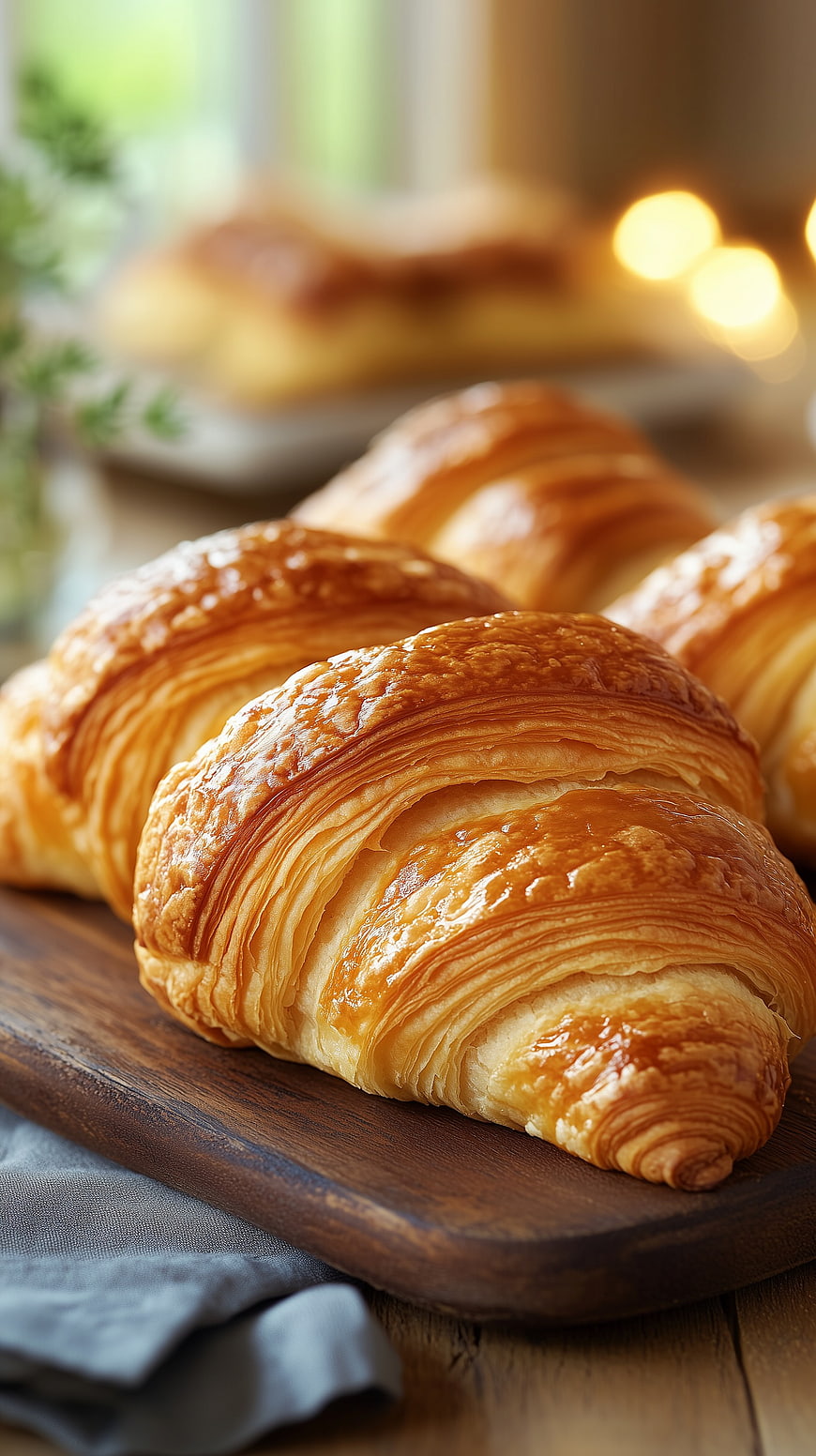 Fresh Golden Croissants on Rustic Wooden Board