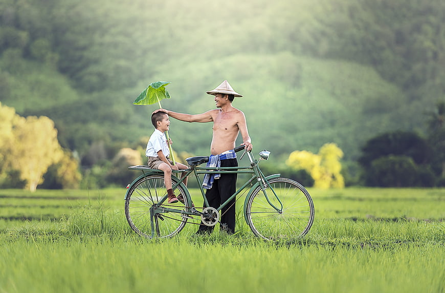 Vietnamese Father and Son with Bicycle in Rice Paddy