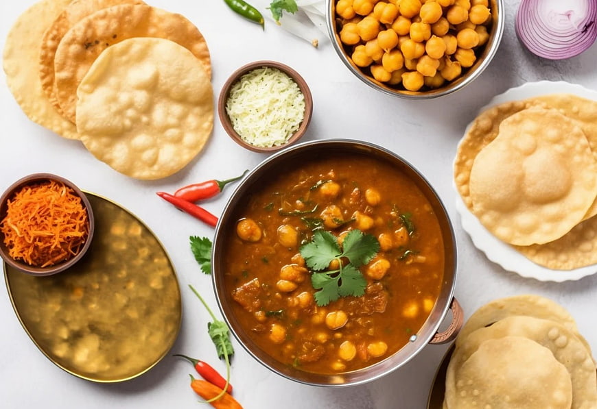 Top View of Chickpea Curry with Pappadums and Ingredients