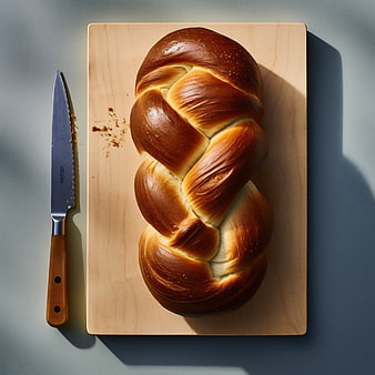 Golden braided challah bread on wooden board with knife