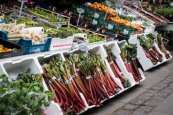 Fresh rhubarb and vegetables at a Copenhagen market stall