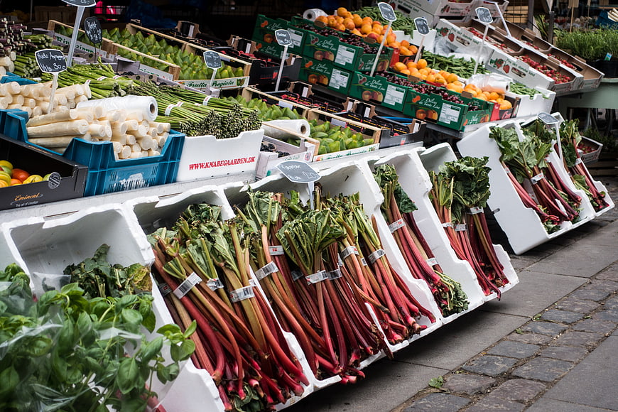 Fresh rhubarb and vegetables at a Copenhagen market stall