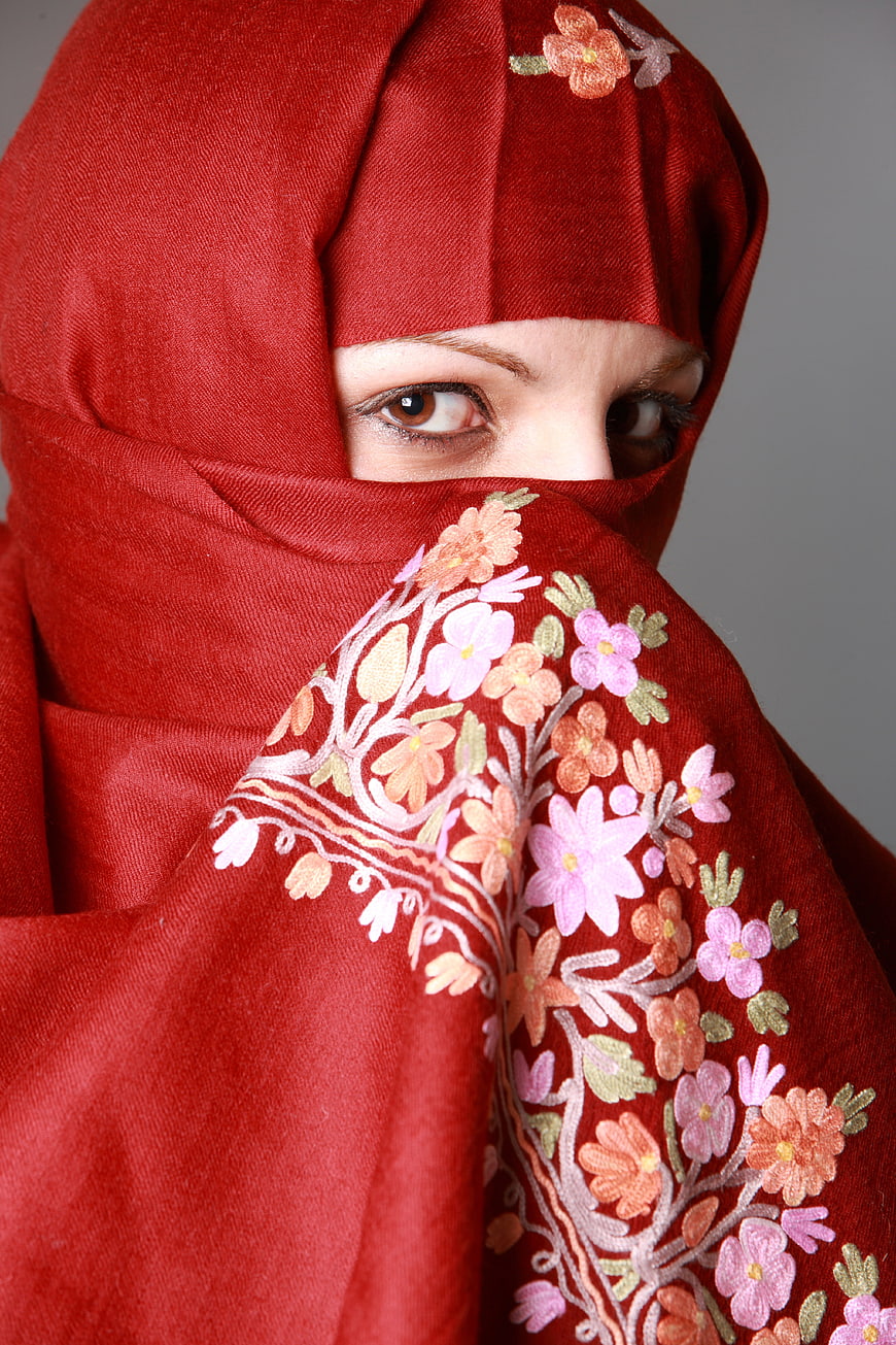 Close-up portrait of woman in red embroidered hijab