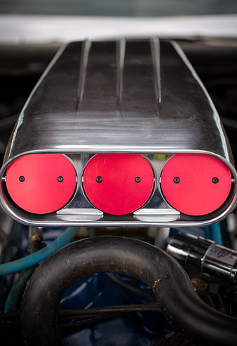 Close-up of Muscle Car Engine with Red Carburetor