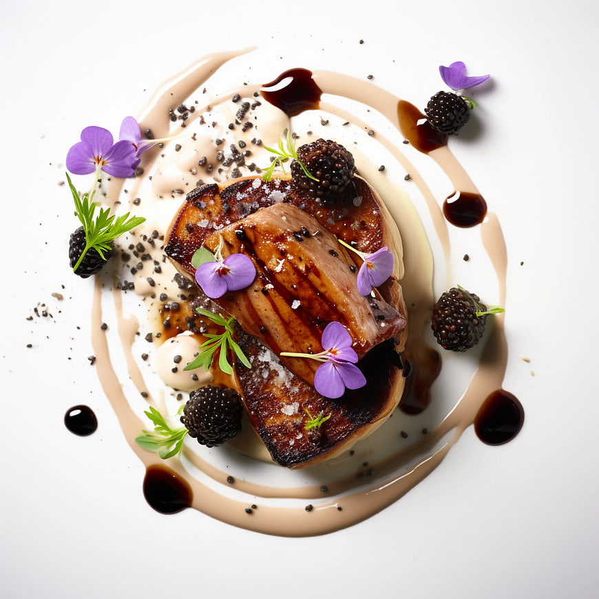 Gourmet Seared Foie Gras with Blackberries and Edible Flowers