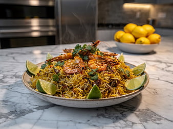 Steaming Shrimp Biryani with Lime Wedges on Marble