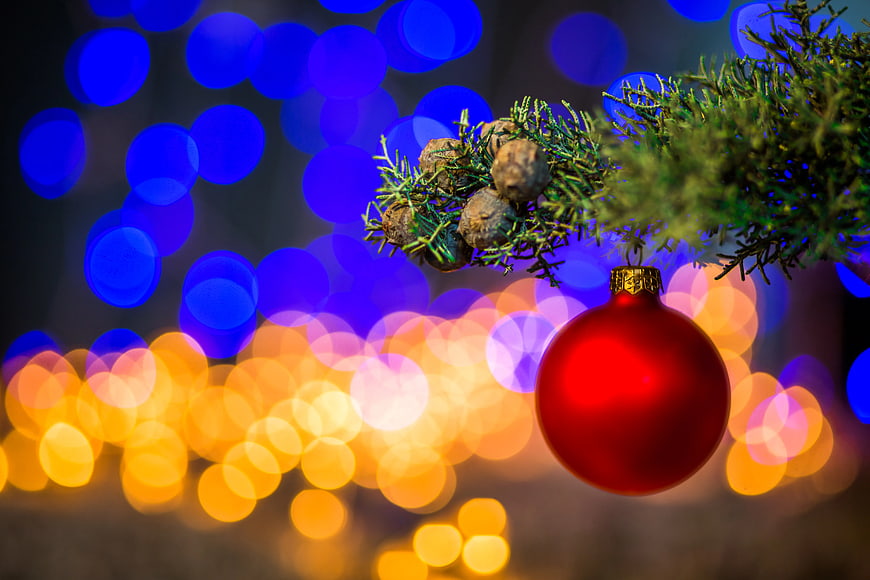 Red Christmas Ornament on Pine Branch with Bokeh Lights