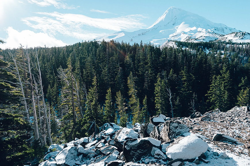 Snowy Mountain Peak Above Pine Forest and Rocky Ridge