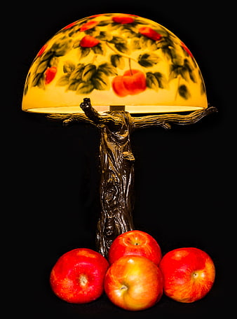 Decorative Apple Tree Lamp with Red Apples on Black Background