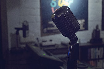 Vintage Microphone in Dimly Lit Recording Studio